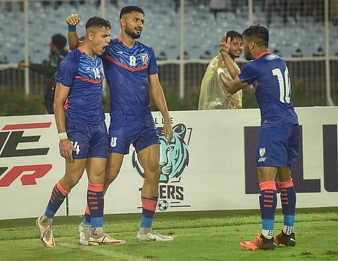 Indian forward Ishan Pandita (14) celebrates with teammates after scoring a goal, during the AFC Asian Cup 2023 Qualifiers final round football match. (Photo | PTI)