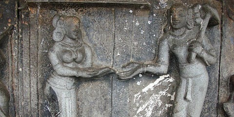 A sculpture at the same temple depicting Sita and Ravana at Panchavati. (Photo| Special Arrangement)
