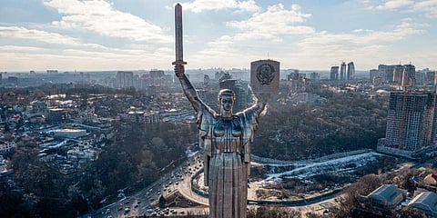 A view of Ukraine's the Motherland Monument in Kyiv. (Photo | AP)