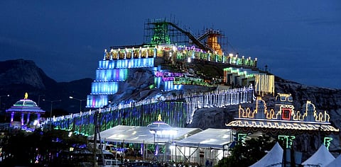 Illuminated Sri Vakulamata temple near Patakalva (Perur Banda) in Tirupati on Wednesday; The Temple was developed in three years. (Photo | Madhav K, EPS)