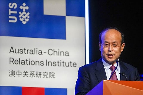 China's Ambassador to Australia, Xiao Qian gestures during his address on the state of relations between Australia and China at the University of Technology in Sydney, Australia. (Photo | AP)