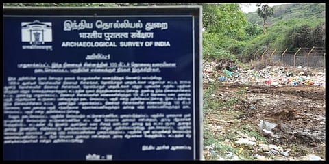 The waste dumped at the Archelogical site at Nookampalayam village. (Photo | Ashwin Prasath)