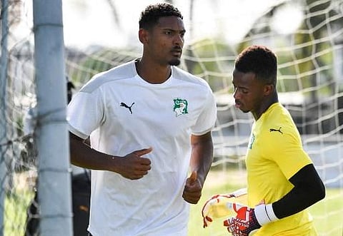Ivory coast's Sebastien Haller (C) takes part in a training session in Abidjan, on June 1, 2022 ahead of their Africa Cup of Nations (CAN) 2023 qualification match against Zambia. (Photo | AFP)