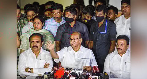 NCP chief Sharad Pawar addresses media in Mumbai on Thursday. (Photo | PTI)