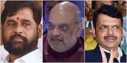 Rebel Shiv Sena leader Eknath Shinde, Union minister Amit Shah and state Opposition leader Devendra Fadnavis. (File photo| PTI)