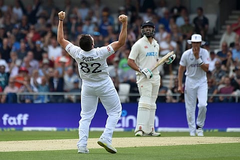 England's Matthew Potts celebrates the dismissal of New Zealand's Tom Blundell during the second day of the third cricket test match between England and New Zealand. (Photo | PTI)