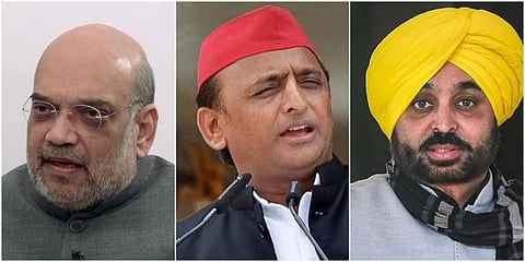 (From left) Union Home Minister Amit Shah, Samajwadi Party leader Akhilesh Yadav and Punjab CM Bhagwant Mann. (File photo| PTI)