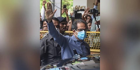 Maharashtra CM Uddhav Thackeray arrives at Sena Bhavan to attend Shiv Sena's meeting, in Mumbai, Saturday, June 25, 2022.(Photo | PTI)