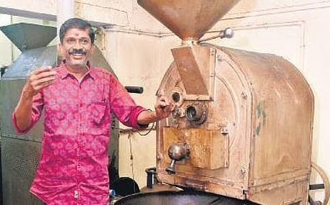 Jayakumar with the grounding machine, which was imported from London in the 1950s  | A Sanesh