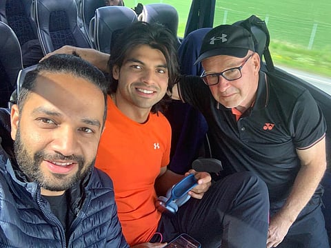 Neeraj Chopra with his coach Klaus Bartonietz(R) and physio Ishan Marwaha en route Olympic Training Centre at Kuortane (Finland). (Photo | Special Arrangement)