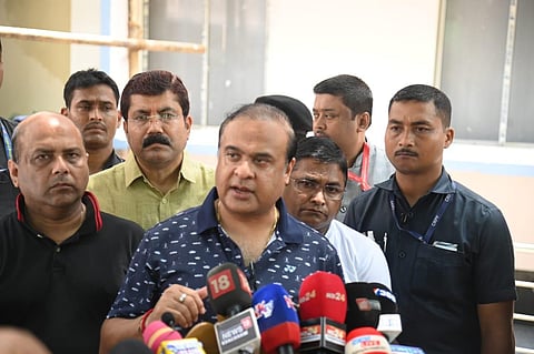 Assam Chief Minister Himanta Biswa Sarma addressing the media after reviewing the flood situation. (Photo | Twitter)