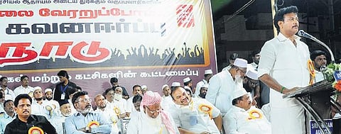 School Education Minister Anbil Mahesh Poyyamozhi speaks at the ‘Let’s Uproot Hate Politics’ conference in Tiruchy on Sunday. (Photo | Express)