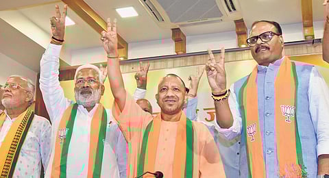 UP CM Yogi Adityanath, BJP state president Swatantra Dev Singh, Deputy CM Brajesh Pathak.