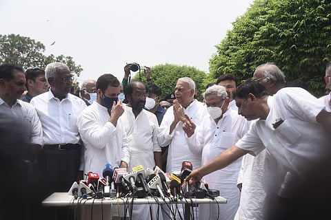Yashwant Sinha with other opposition leaders outside Parliament after filing Nomination for Presidential Election, in New Delhi on Monday. (Photo | Parveen Negi/EPS)