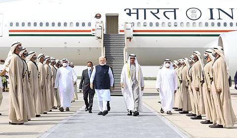 UAE President Sheikh Mohammed bin Zayed Al Nahyan warmly receives PM Narendra Modi in Abu Dhabi, UAE. (Photo | ANI Twitter)