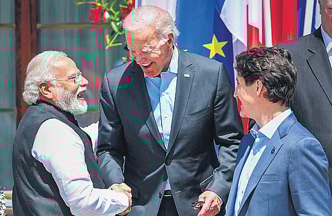 Prime Minister Narendra Modi with US President Joe Biden and Prime Minister of Canada Justin Trudeau (right) at G-7 Summit in Germany on Monday | PTI