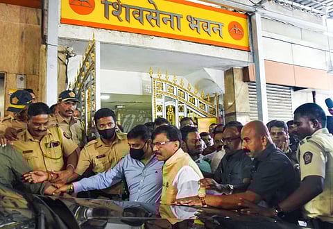 Shiv Sena MP Sanjay Raut leaves from Shiv Sena Bhawan after a press conference, at Dadar in Mumbai, Monday, June 27, 2022. (Photo | PTI)
