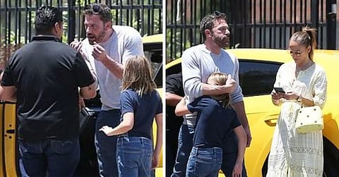 Actor Ben Affleck comforting his son after he got into the driver's seat of their Lamborghini and accidentally bumped another car in the lot. Jennifer Lopez looks on. (Photos | Benifer Instagram)