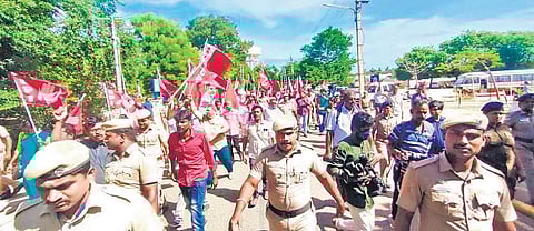 Activists picketed RSK School on BHEL premises on Tuesday. (Photo | Express)