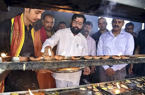 Rebel Shiv Sena leader Eknath Shinde offers prayers at the Kamakhya temple in Guwahati, Wednesday, June 29, 2022. (Photo | PTI)
