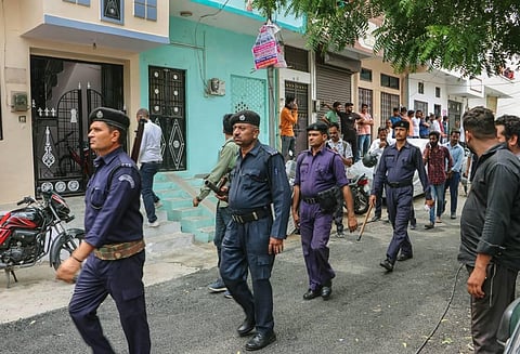 Police personnel patrol a street during restrictrions imposed after the murder of tailor Kanhaiya Lal, in Udaipur, Wednesday, June 29, 2022. (Photo | PTI)