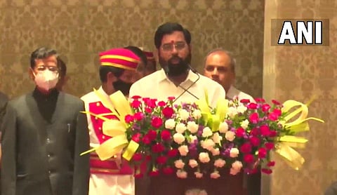 Rebel Shiv Sena leader Eknath Shinde taking oath as the Maharashtra Chief Minister on Thursday. (Photo | Twitter/ANI)