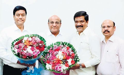 Legislative Affairs Minister Vemula Prashanth Reddy greets D Damodar Rao  and B Parthasarathi Reddy after they were elected as RS members on Friday