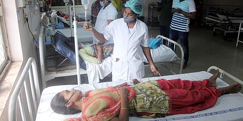A victim of suspected ammonia leak at Atchyutapuram Special Economic Zone undergoes treatment at KGH isolated ward in Visakhapatnam. (Photo| G Satyanarayana, EPS)