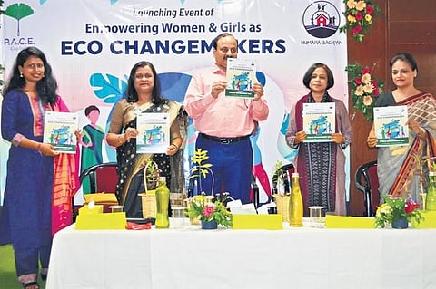 Dignitaries releasing a report during an event organised by Humara Bachpan Trust on the eve of World Environment Day in Bhubaneswar. (Photo| Irfana, EPS)