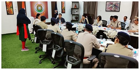 Bilaspur IG Ratanlal Dangi, other police officers hearing the plea of a woman victim (Photo | Express)