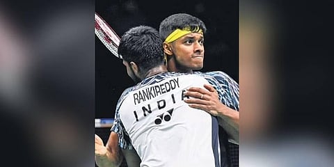 Mathias Boe’s wards Satwiksairaj Rankireddy and Chirag Shetty (R)