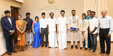 CM MK Stalin with Collectors and Deaflympics champions. (Photo| EPS)