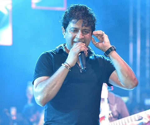 Bollywood playback singer Krishnakumar Kunnath, popularly known as 'KK' during his performance, at Nazrul Mancha in Kolkata, Tuesday, May 31, 2022. (Photo | PTI)