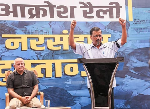 Delhi CM Arvind Kejriwal speaks during 'Jan Aakrosh Rally' over the recent targeted killings of Kashmiri Pandits in Kashmir, at Jantar Mantar in New Delhi. (Photo | PTI)