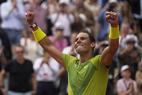 Spain's Rafael Nadal celebrates winning the final match against Norway's Casper Ruud in three sets, 6-3, 6-3, 6-0, at the French Open tennis tournament in Roland Garros stadium. (Photo | AP)