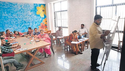 Teachers and others inside the Gyan Sarovar School. (Photo | shekhar yadav, EPS)