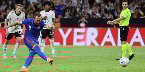 England's Harry Kane scores his side's opening goal during the UEFA Nations League soccer match between Germany and England at the Allianz Arena, in Munich, Germany. (Photo | AP)