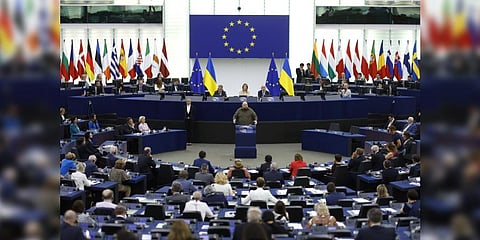 Chairman of the (Ukrainian parliament Ruslan Stefanchuk, center, delivers a speech at the European Parliament, Wednesday, June 8, 2022 in Strasbourg, eastern France.(Photo | AP)