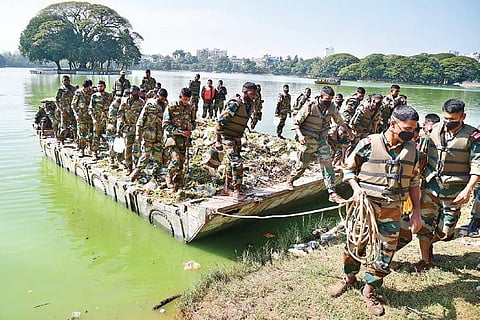 File photo of Madras Engineering Group and Centre personnel haul a load of trash fished out from Ulsoor Lake| Shriram BN