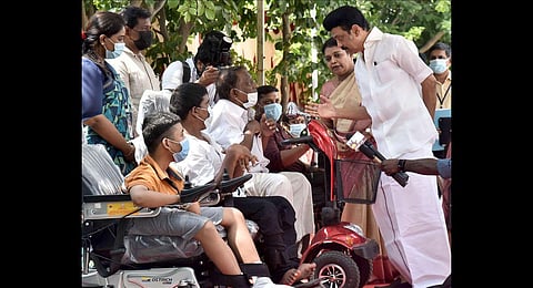 Stalin interacts with visitors at the museum on Monday. (Photo | P Jawahar, EPS)