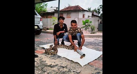 Snake rescuer Arun C Mohan and his helper with the python | Express