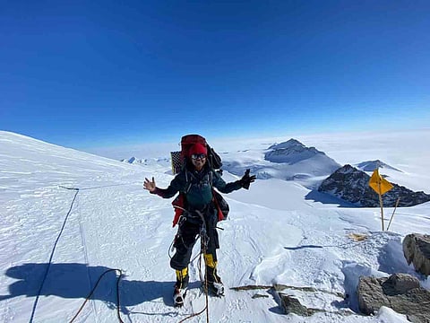Poorna Malavath poses after climbing Mt Denali in Alaska, US, on June 5. (Photo | Express)