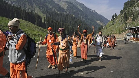 Hindu devotees during Amarnath Yatra annual pilgrimage to an icy Himalayan cave, in Chandanwari, Pahalgam, south of Srinagar. (Photo | AP)