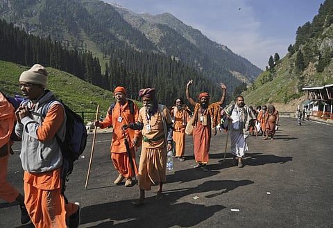 Hindu devotees begin the Amarnath Yatra annual pilgrimage to to an icy Himalayan cave, in Chandanwari, Pahalgam, south of Srinagar. (Photo | AP)