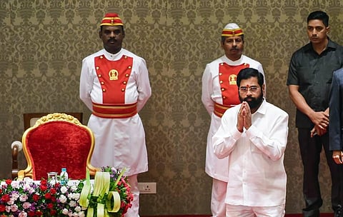 Shiv Sena leader Eknath Shinde during his oath-taking ceremony as Maharashtra Chief Minister, at Raj Bhavan in Mumbai. (Photo | PTI)