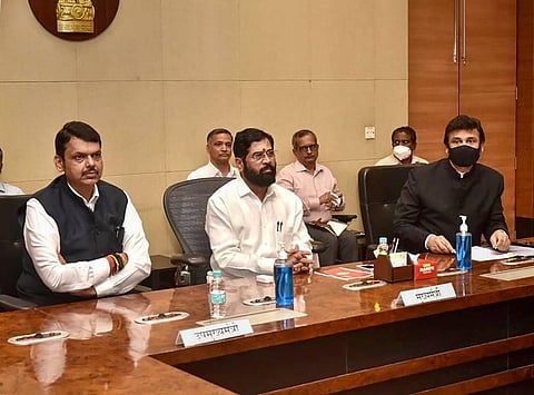 Maharashtra CM Eknath Shinde and Deputy CM Devendra Fadnavis take charge at Mantralaya (the state secretariat), in Mumbai. (Photo | PTI)