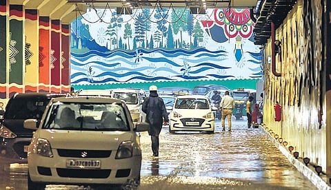 Vehicles ply through the newly inaugurated Pragati Maidan Integrated Transit Corridor after heavy rains flooded it on Thursday | PTI