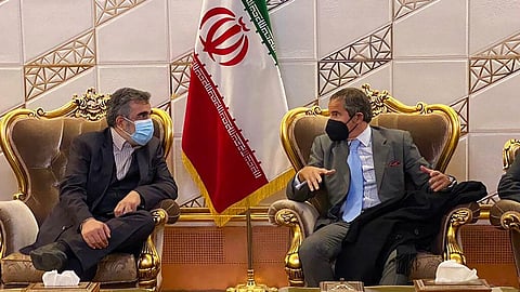 Director General of International Atomic Energy Agency, IAEA, Rafael Mariano Grossi, right, speaks with deputy head of the Atomic Energy Organization of Iran Behrouz Kamalvandi. (Photo | AP)