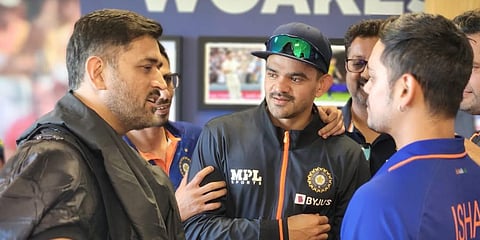 Mahendra Singh Dhoni was seen interacting with the team after the team's series-clinching win in the second T20 International against England. (Photo | Twitter/@BCCI)