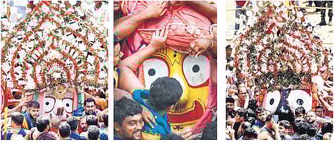 Lo and behold! Lord Balabhadra, Devi Subhadra and Lord Jagannath during Pahandi  Bije I Express/SJTA